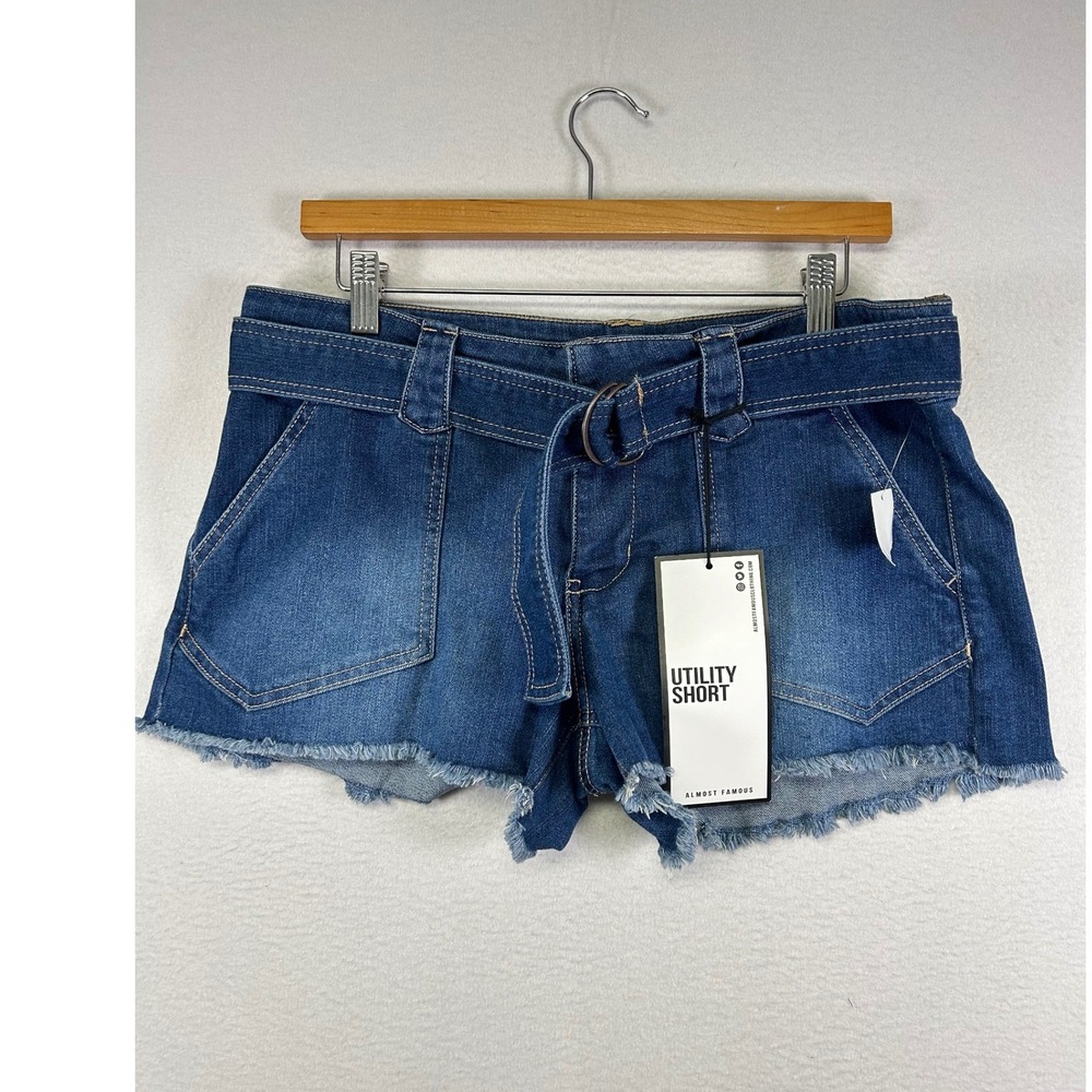 Boho Festival NWT Almost Famous 11 Blue Belted Utility Raw Hem Denim Shorts